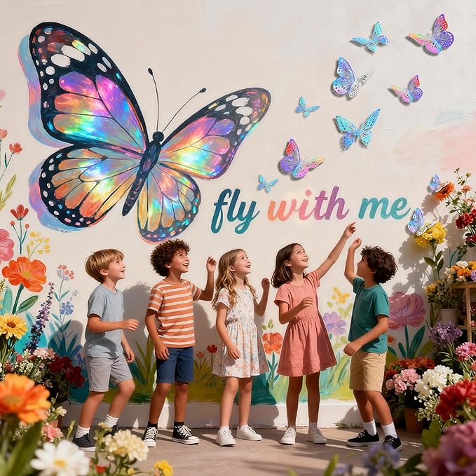 BTSD-home 48 Pcs Iridescent 3D Butterfly Wall Decor Iridescent Party Decorations for Bedroom Nursery Removable Holographic Butterfly Wall Stickers for Birthday Wedding Gift Box Cake