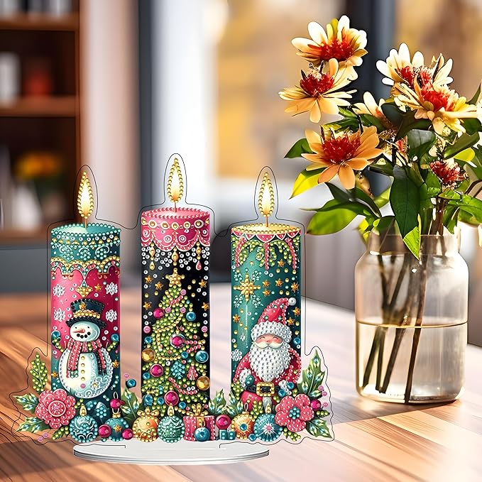 JJFox DIY 5D Tabletop Diamond Art Painting Kit， Desktop Ornament Special Shaped Rhinestone Desk Placement Ornament，Home Stand Up Gem Painting Craft Kit，Gift (Christmas Candle)