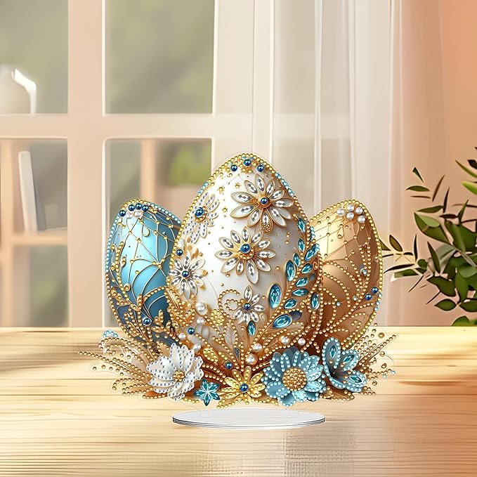 JJFox DIY Tabletop Diamond Art Painting Kit，Desktop Ornament Special Shaped Rhinestone Desk Placement Ornament，Home Stand Up Gem Painting Craft Kit Gift Double Sided (Easter Egg-2)