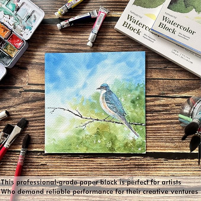 tumuarta Watercolor Block 300 LB, 640 GSM, 100% Cotton, 8X8”, 10 Sheets, Acid Free, Cold Press, Watercolor Paper Board Sketch Books for Watercolors, Acrylic and More