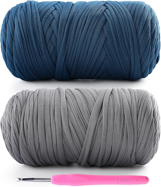 2 Pack Tshirt Yarn for Crochet - 800 G/260 Yds T Shirt Soft Elastic Fabric T-Shirt Yarn for Crocheting Bags Baskets Home Decor with 1 Crochet Hook (2, Light Grey+Denim Blue)