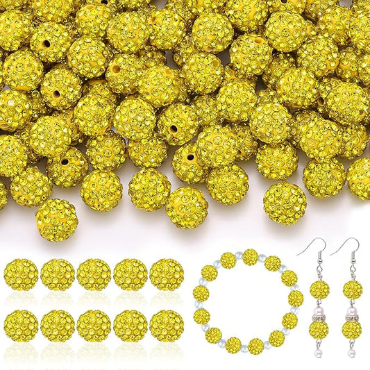 105pcs 10mm rhinestone beads for jewelry making, yellow shiny round disco ball beads bulk, sparkle crystal clay christmas for bracelet baseball necklace earring crafting and diy