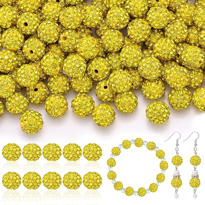 200pcs 10mm rhinestone beads for jewelry making, yellow shiny round disco ball beads bulk, sparkle crystal clay christmas for bracelet baseball necklace earring crafting and diy