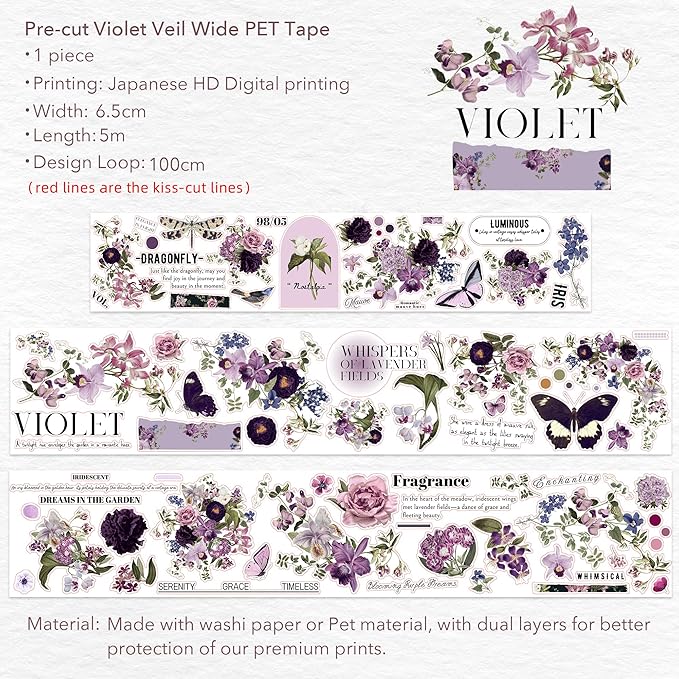 WT Pre-Cut Violet Veil Wide PET Tape, Single Roll, Soft Lilac Blossoms & Misty Backgrounds with Elegant Script, Transparent Decorative Tape for Journaling, Scrapbooking, Planner, DIY Crafts, 65mm x 5m