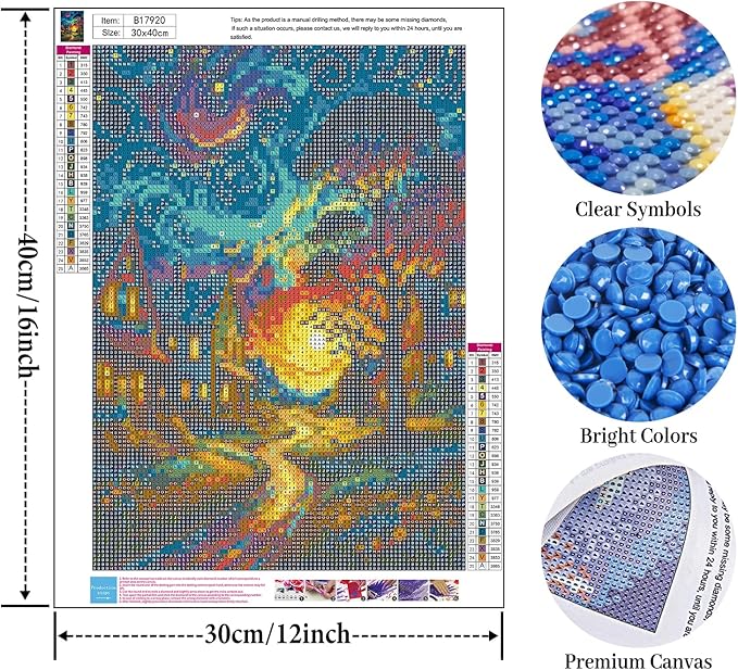 Starry Diamond Art Kits for Adults, Country Night Diamond Painting Kit for Adults Beginners, 5D DIY Landscape Diamond Painting with Round Gem Art Kits for Home Wall Decor 12x16 Inch