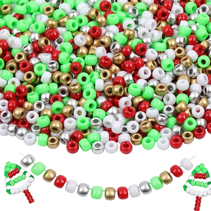 Pony Beads 1000 Pcs Plastic Beads for Bracelet Friendship Bracelets Beads for Hair Braiding 6x9mm Beads for Jewelry Making (Green Red White Glod Silvery)