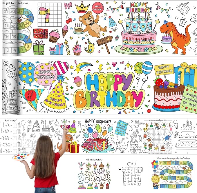 Janlaugh 3 Pack Happy Birthday Coloring Paper Roll for Kids 118 X11.8 Inch Drawing Paper Roll Giant Coloring Poster Jumbo Motivational Page Tablecloth for Adult Birthday Party Classroom Craft Team Art