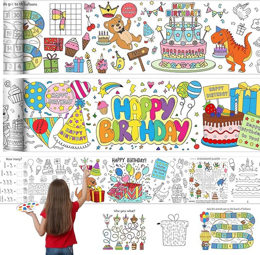 Janlaugh 3 Pack Happy Birthday Coloring Paper Roll for Kids 118 X11.8 Inch Drawing Paper Roll Giant Coloring Poster Jumbo Motivational Page Tablecloth for Adult Birthday Party Classroom Craft Team Art