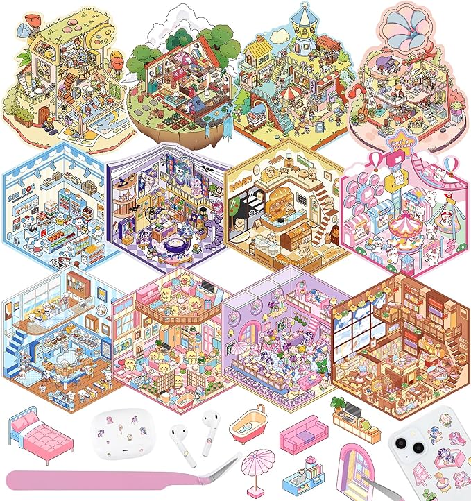 12 Sets DIY 3D Sticker Scene for Kids, Fun DIY Sticker Scene Make Your Own Mini House Cute Cartoon Animal Scene Stickers Adult Sticker Art Relief Stress Pass The Time Holiday Christmas Fun
