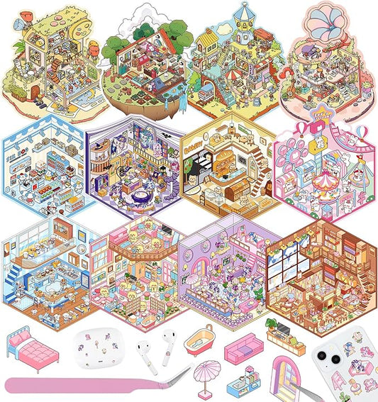12 Sets DIY 3D Sticker Scene for Kids, Fun DIY Sticker Scene Make Your Own Mini House Cute Cartoon Animal Scene Stickers Adult Sticker Art Relief Stress Pass The Time Holiday Christmas Fun