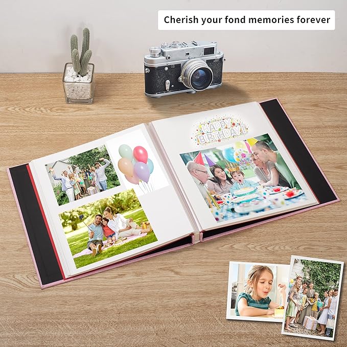 Large Photo Album Self Adhesive 4x6 5x7 6x8 8x10 Pictures Scrapbook Magnetic Album DIY Scrap Book 60 Sticky Pages Linen Cover DIY Photo Album with A Metallic Pen and DIY Accessories(Pink)
