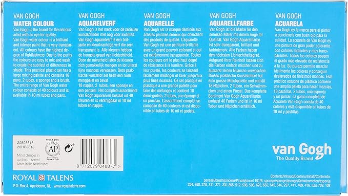 Van Gogh Watercolor Paint Set, Plastic Pocketbox, 18-Half Pan + 2x10ml
