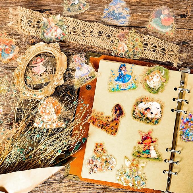 60Pcs Kawaii Girls Stickers for Journaling - Cute Sweet Cartoon Transparent Collage Scrapbooking Supplies Sticker Decal for Junk Journal Cards DIY Arts Crafts