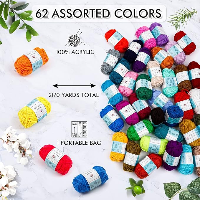 inscraft 62 acrylic yarn skeins, 2170 yards yarn for knitting and crochet, includes 2 crochet hooks,2 weaving needles,10 stitch markers, perfect beginner kit for for adults kids