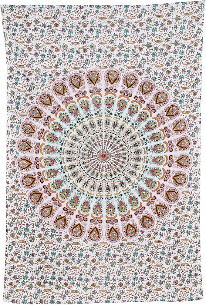 bless international handmade indian hippie bohemian psychedelic peacock mandala wall hanging college dorm beach throws table cloth bedding tapestry (floral gold, poster(30x40inches)(76x101cms))