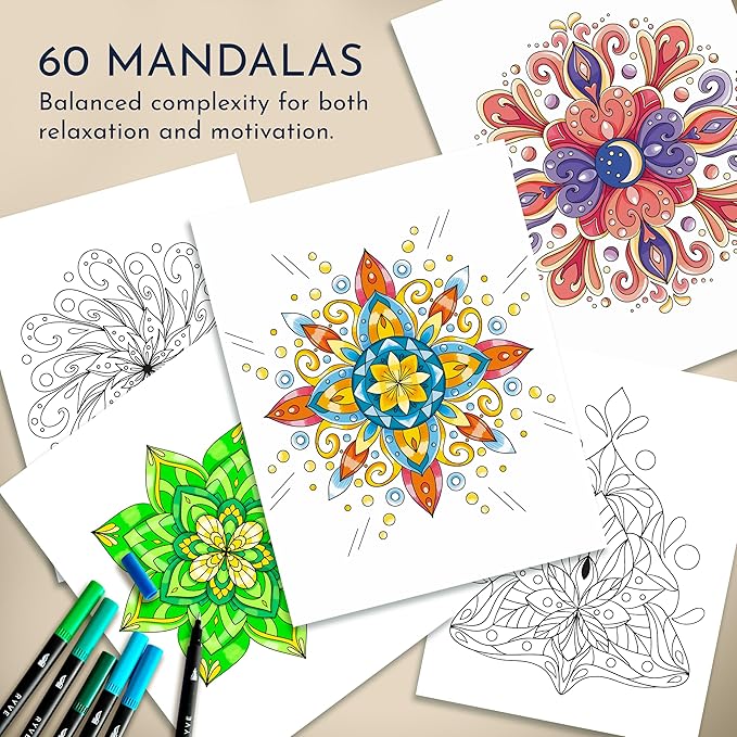RYVE Mandala Coloring Book for Adults (2 Pack) – 60 Unique Mandalas for Relaxation, Anxiety & Stress Relief – Mindfulness Adult Coloring Book for Women & Men, Inspirational Gifts for Women