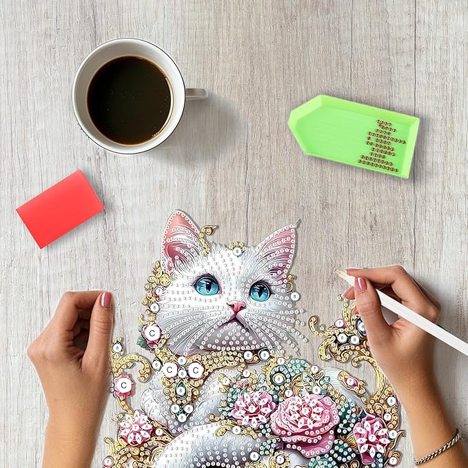 SENQAO Cat Hanging Diamond Art Painting Kits for Adults Beginners, 5D Special Shape Diamond Art Kits, Cat Flower Crystal Rhinestones Diamond Gem Art Painting for Home Garden Wall Decor