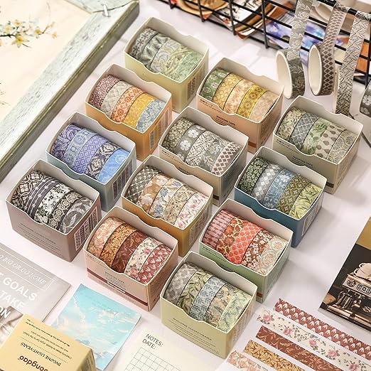 YUBX Basic Patterns Washi Tape Set 60 Rolls Geometric Elegance Decorative Skinny Masking Tapes for Arts, DIY Crafts, Journals, Planners, Scrapbook, Wrapping (Bygone Days)