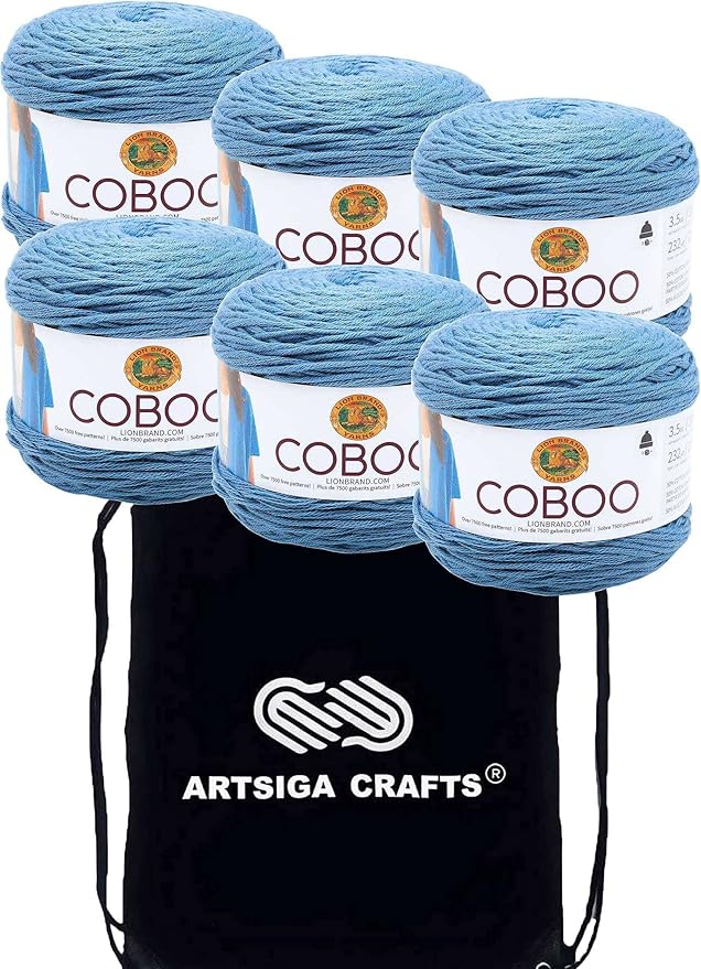 Lion Brand Coboo Denim 835-107 (6-Skeins - Same Dye Lot) DK Light Worsted #3 Cotton, Bamboo Yarn for Crocheting and Knitting with Project Bag