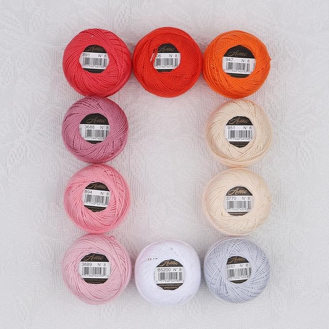Size 8 Double Mercerized Egyptian Long Staple Cotton Pearl Thread Ball 5 Grams Rainbow Color Embroidery Thread 10 Colors per Box for Crochet Hardanger Cross Stitch Hand Embroidery (Set I)
