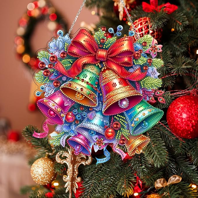 JJFox DIY Acrylic Diamond Art Painting Wreath Kits Special Shaped Rhinestone Diamond Art Window Pendants Home Garden Wall Hanging Kits Hanging Ornament (Christmas Bell)