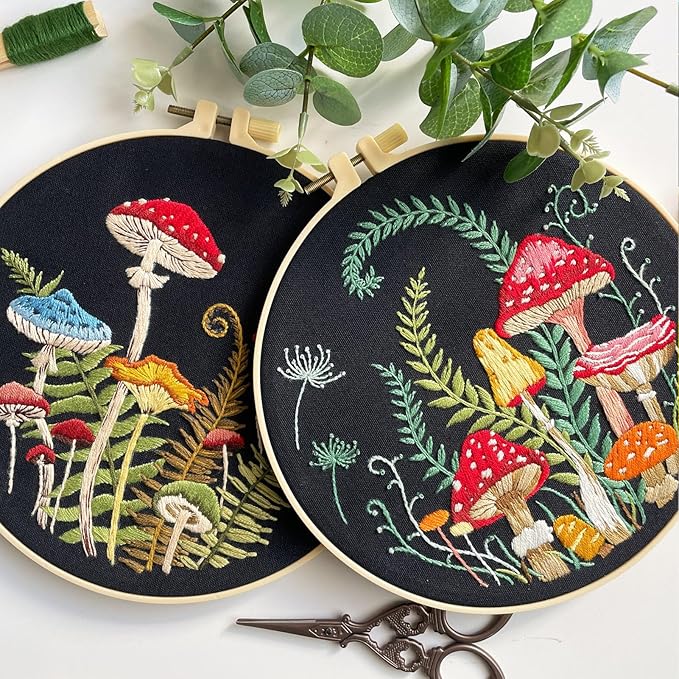 Myfelicity Embroidery Kit with Mushroom Patterns, 3 Hoops, Fabric, Threads, Needles, Instructions (red)