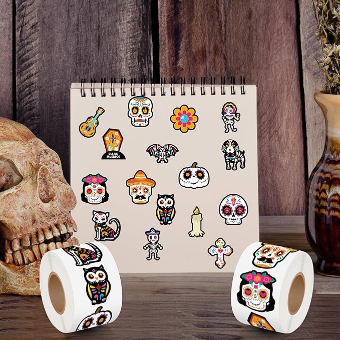 beyumi sugar skull roll stickers - 1000pcs day of the dead stickers in 2 rolls dia de los muertos sugar skull decals for kids halloween mexican festival party supplies classroom guitar bottle decor