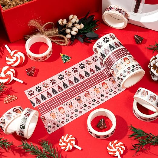 Christmas Dog Washi Tape - 12 Roll Christmas Hat and Dog Paw Pack Double Sided Scrapbook Masking Washi Tape School Office Scrapbooking Scrapbook Supplies Adhesive Glue Diy Craft Gift Wrapping