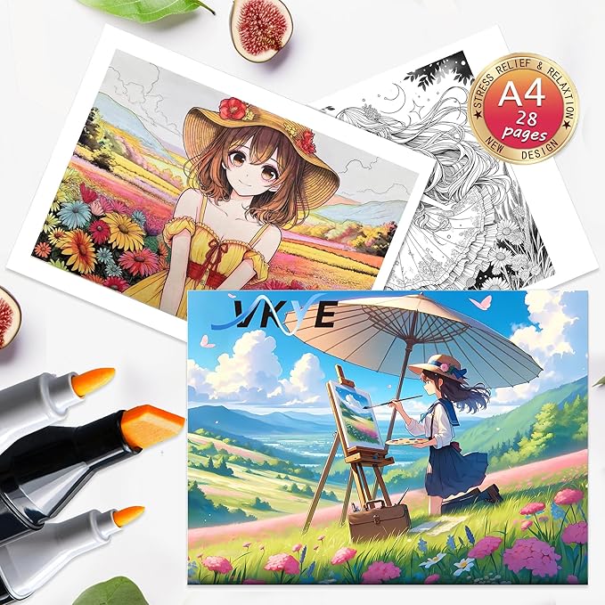 VKYE Coloring Book - Anime Girls Character Adult Coloring Book for Woman & Adults, Markers Recommended, Thick Paper, Intricated Pattern & Details, Spiral Bound, Imagination, Anxiety and Depression