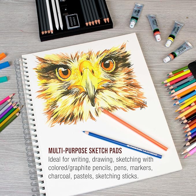 u.s. art supply 11"x14" sketch book pad, 2 pack (100 sheets each), 60lb (100gsm) spiral bound - sketching, drawing pad, acid-free paper - sketch pads for adults, students: colored pencils, charcoal