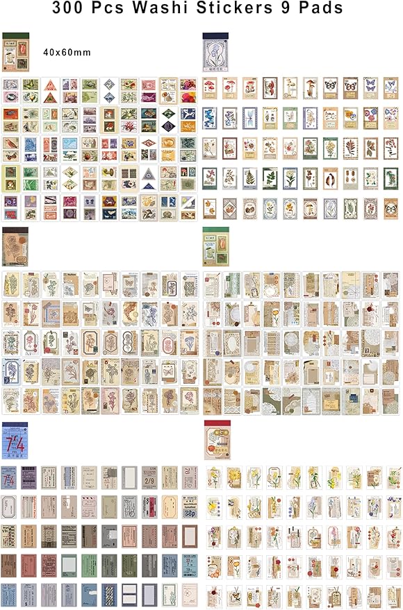 6 Sets 300 Pcs Washi Stickers Book, Vintage Aesthetic Sticker Set for Journaling Scrapbook Decoration Bullet Journal,Stamps Flowers Ticket Theme Stickers for Art Diary Craft Planner