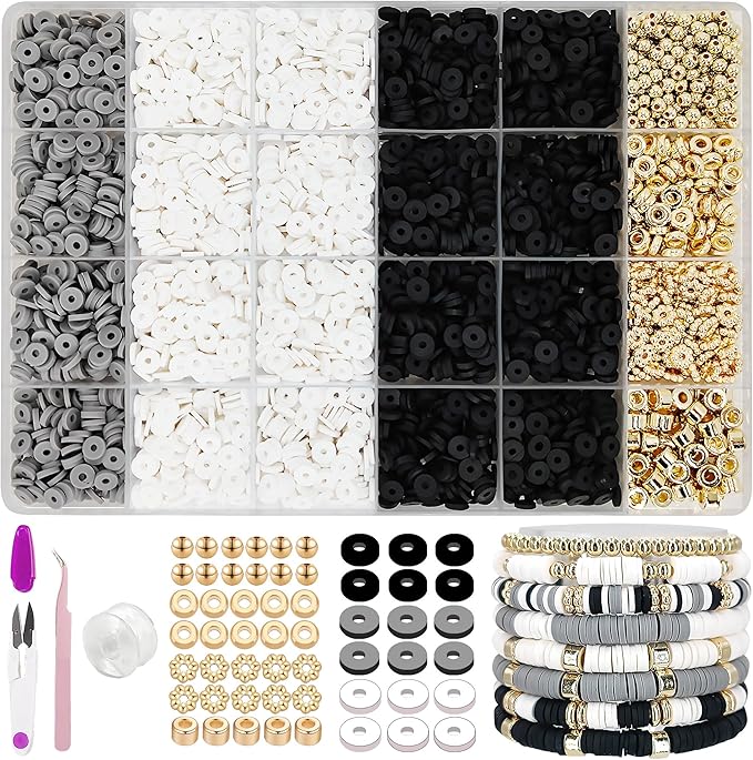 MIIIM Black and White Clay Bead Bracelet Kit, Heishi Beads, Flat Beads and Gold Spacer Beads for Jewelry Making, Friendship Bracelet Beads Kit for Crafts, Concert, Raves, Gifts