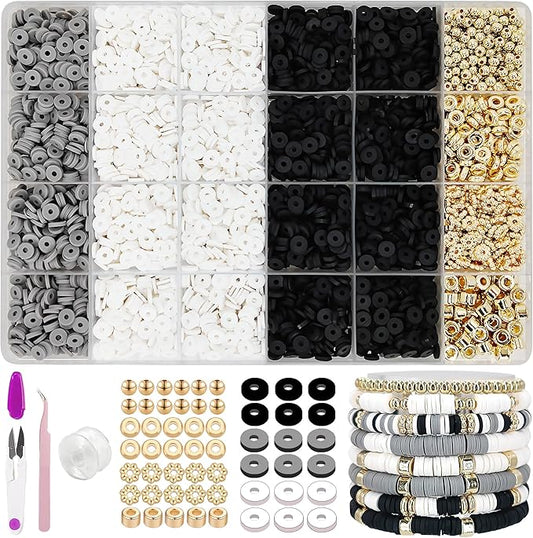 MIIIM Black and White Clay Bead Bracelet Kit, Heishi Beads, Flat Beads and Gold Spacer Beads for Jewelry Making, Friendship Bracelet Beads Kit for Crafts, Concert, Raves, Gifts