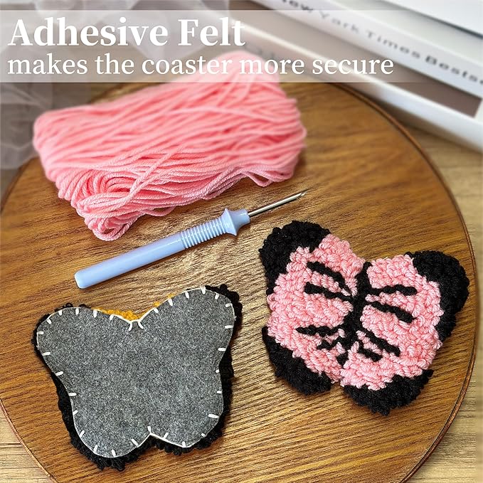 Morledoa Butterfly Punch Needle Coasters Kit, Punch Needle Kits Adults Beginner, Butterfly Coasters Kit Including Adhesive Felt, Yarns, Embroidery Hoop, Instruction