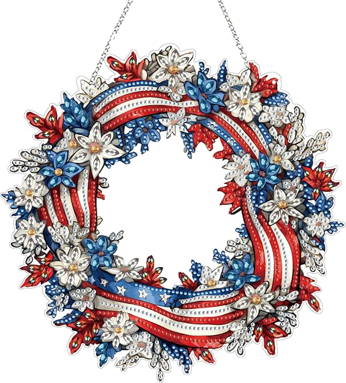 Diamond Art Hanging Kit for Adult,Special Shaped Rhinestone,Double Sided DIY Acrylic Diamond Art Painting Window Pendants Home Garden Wall Hanging Kits Hanging Ornament (Independence Day Wreath)