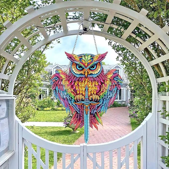 Wergund 5D DIY Owl Diamond Art Hanging Kits, Hanging Diamond Art Bird, Acrylic Special Shaped Rhinestone, Window Hanging Pendants for Home Wall Garden Front Door Outdoor Decor Gift(Owl)