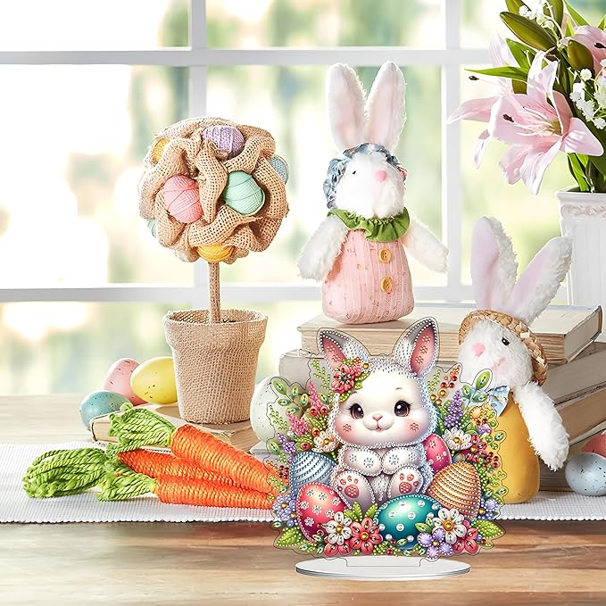 JJFox DIY Tabletop Diamond Art Painting Kit，Desktop Ornament Special Shaped Rhinestone Desk Placement Ornament，Home Stand Up Gem Painting Craft Kit Gift Double Sided (Easter Rabbit-3)