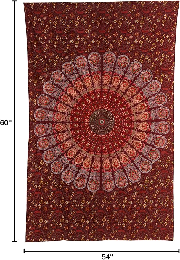 bless international handmade indian hippie bohemian psychedelic peacock mandala wall hanging college dorm beach throws table cloth bedding tapestry (maroon yellow, medium(54x60inches)(137x152cms))