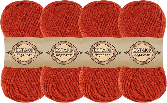 Estako Megastar, (4 Skeins Pack) 75% Acrylic 25% Wool Yarn, Soft, Chunky Bulky Weight #5 for Crochet and Knitting (4 x 3.52 Oz) / (4 x 120 Yrds) (62006 - Tile Red)