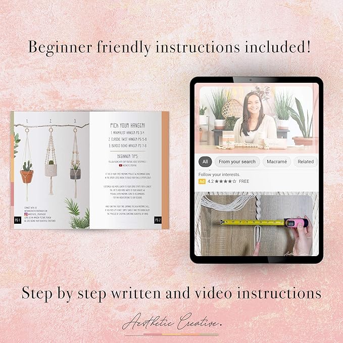 macrame kit - makes 3 macrame plant hangers with easy to follow instructions for adult beginners - includes 109 yards 3mm cotton macrame cord, natural wooden beads & custom instruction booklet