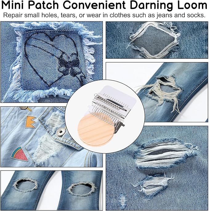 Mini Darning Looms Kit for Beginners, 14-Hook Wooden Weaving Tool with Stainless Steel Needles, Portable Knit Patch Repair Kit for Jeans Clothes Tapestries Scarves