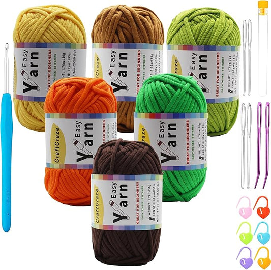 Beginner Easy Yarn Kit for Knitting,Crocheting; Worsted Weight Medium #4; Cotton Blend Yarn for Amigurumi with Tools (Positive Sunflower, 6 Skein)