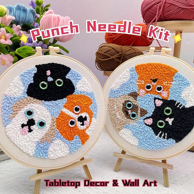 Punch Needle Kit for Adult Beginner, 2-Pack Puppy & Cat Punch Starter Set with Instructions – Yarn Needle Punch Craft for Xmas Gift Idea & Home Wall Decor