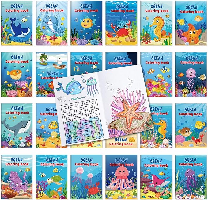 Liliful 24 Pcs Ocean Cartoons Coloring Book Bulk Mini Ocean Cartoons Theme Drawing Book with Sea Creature Shell Patterns Marine Life Goodie Bag Filler Party Favors and Holiday Gifts