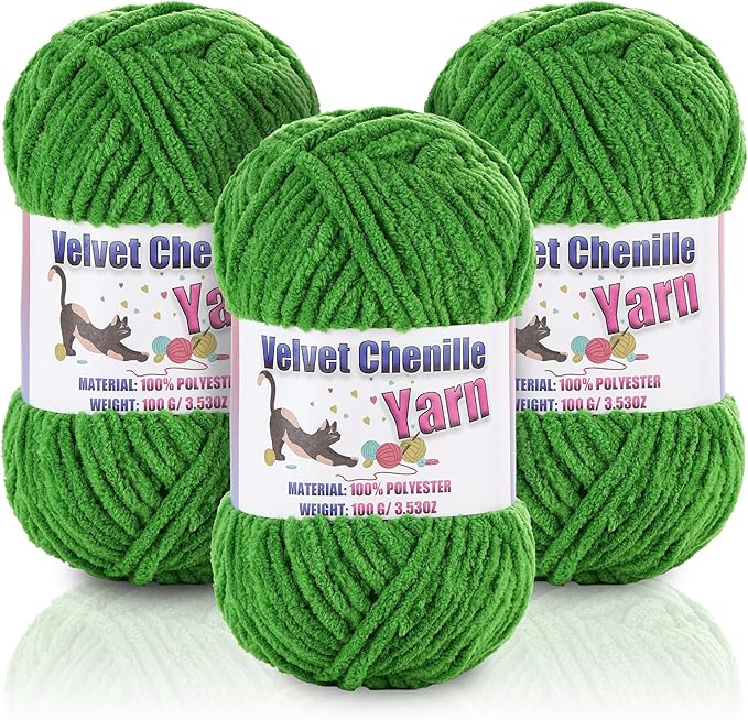 3 * 100g/3.5oz Fluffy Chenille Yarn for Crocheting, Chunky Velvet Yarn for Crochet Amigurumi, Used for Making Baby Yarns Blanket, Clothes, Pattern Knitting Creations (Green)