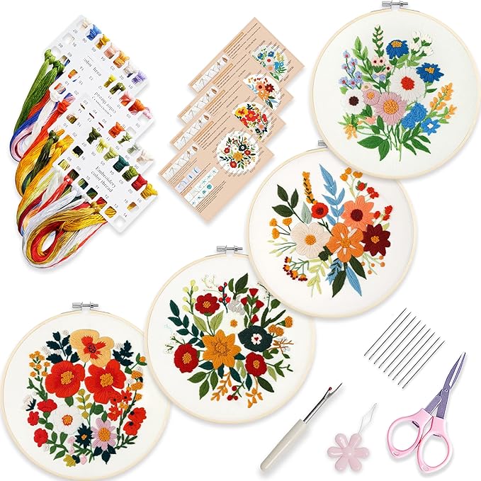 sevfan 4 sets embroidery kit for beginners adults,needlepoint kits for adults with easy stamped floral pattern fabric hand crafts,bamboo hoop,needle,cloth,embroidery kit for decor home room(flower-4)