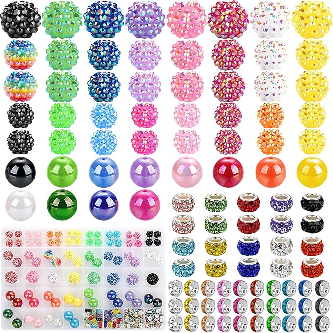 Funtopia Beads for Pens Keychains, 200pcs Bubblegum Focal Beads for Beadable Pens, 12mm 16mm 20mm Rainbow Acrylic Chunky Beads with Rhinestone Rondelle Spacer Bead for DIY Craft Making Supplies