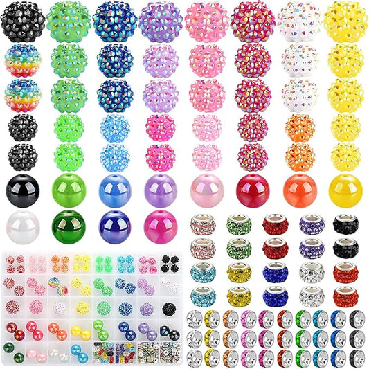 Funtopia Beads for Pens Keychains, 200pcs Bubblegum Focal Beads for Beadable Pens, 12mm 16mm 20mm Rainbow Acrylic Chunky Beads with Rhinestone Rondelle Spacer Bead for DIY Craft Making Supplies