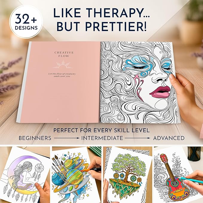 Adult Coloring Book for Women – Expressive Coloring Book with 32 Inspiring Reflection Prompts – Coloring Books for Adults Relaxation, 140gsm Paper, 8.5x11, Single-Sided, Perforated, Relaxation Gifts