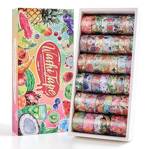 48 Rolls Summer Tropical Fruits Washi Tape Set, Vibrant Watercolor Fruit Coconut Decorative Tape, Bright Colorful Holiday Tape for Scrapbooking, Bullet Journaling, Junk Journal Supplies, DIY Art